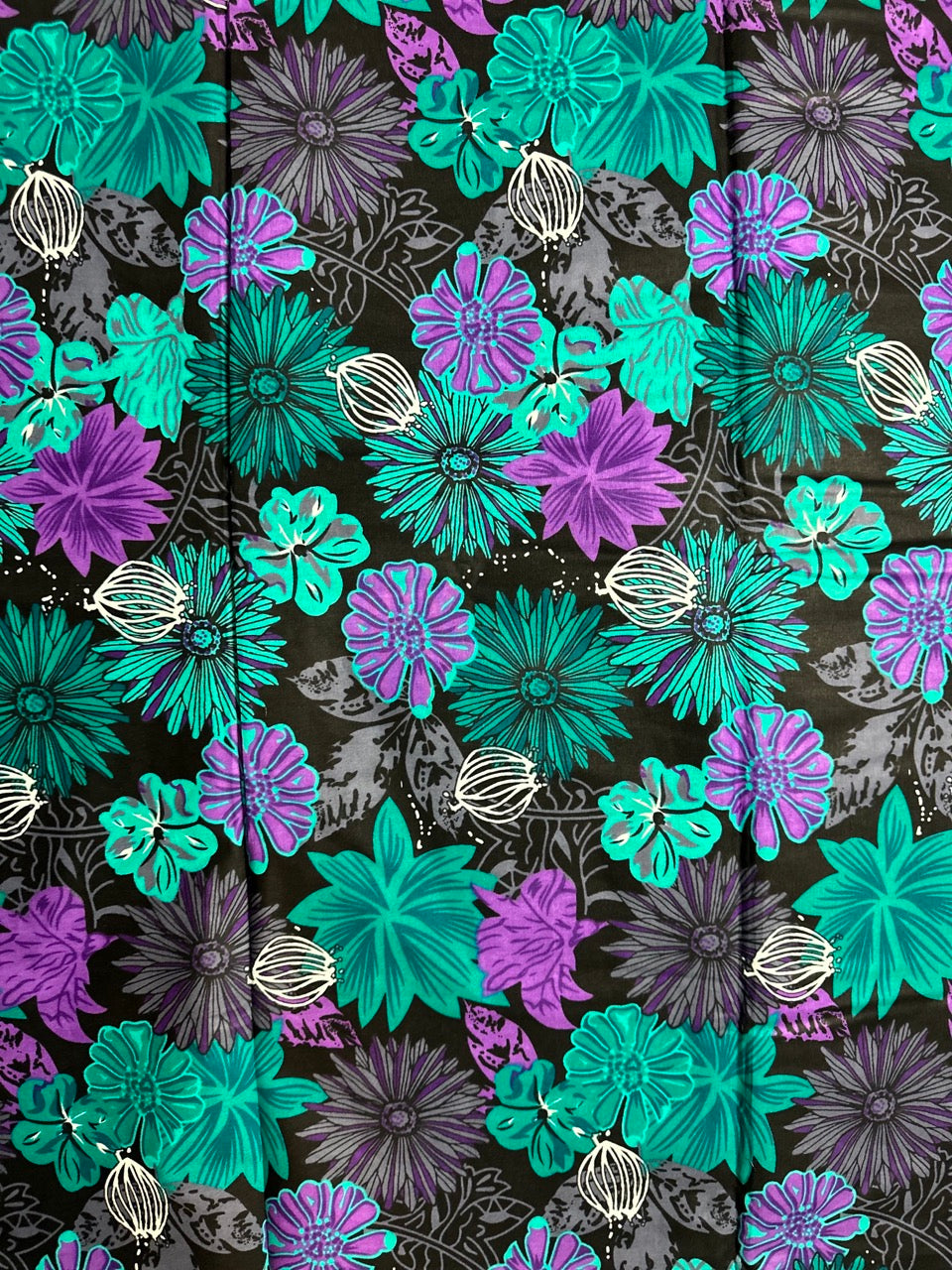 African Print Fabric, Ankara - Green, Purple, Grey Fabric