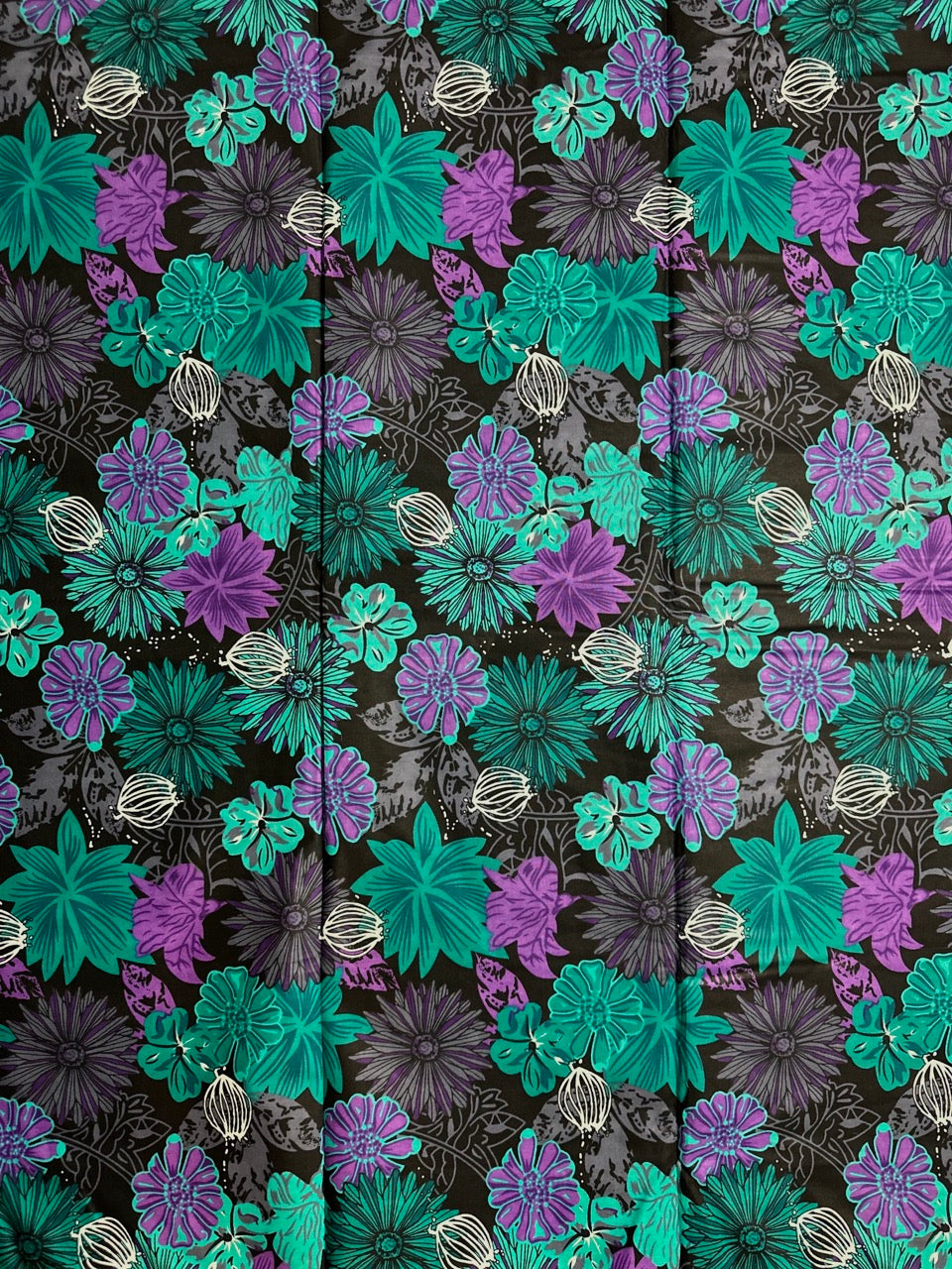 African Print Fabric, Ankara - Green, Purple, Grey Fabric