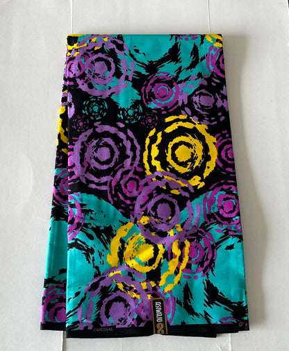 African Print Fabric, Ankara - Purple, Yellow, Aqua Fabric