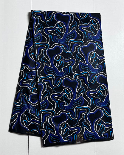 African Print Fabric, Ankara - Blue, Black, White Fabric