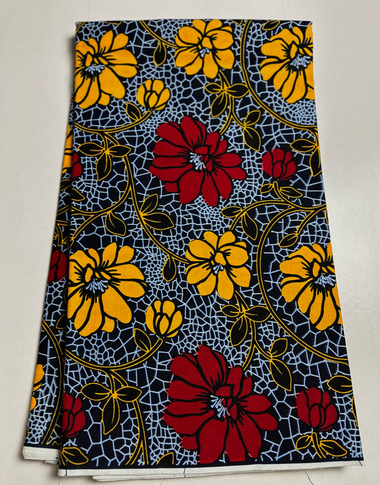 African Print Fabric, Ankara - Blue, Red, Yellow Fabric