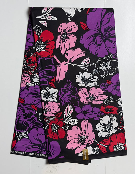 African Print Fabric, Ankara - Purple, Red, White Fabric