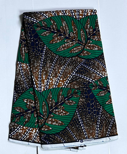 African Print Fabric, Ankara - Green, Brown, White Fabric