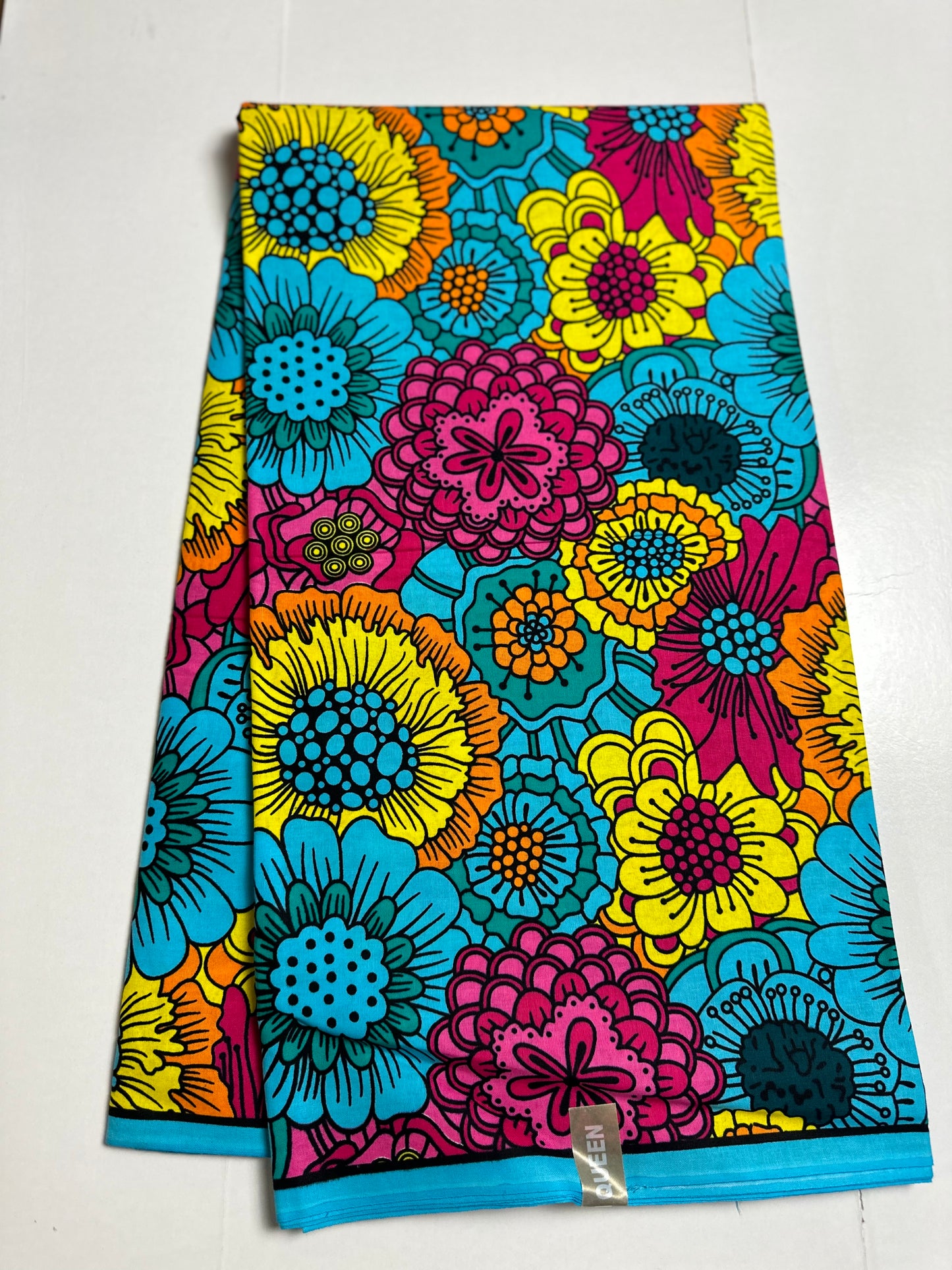 African Print Fabric, Ankara - Blue, Yellow, Pink Fabric