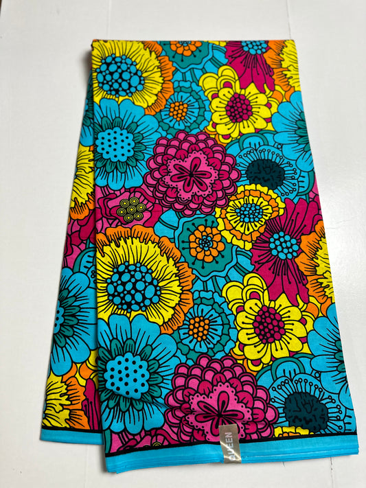 African Print Fabric, Ankara - Blue, Yellow, Pink Fabric