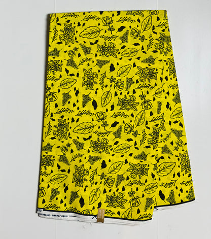African Print Fabric, Ankara - Yellow, Black Fabric