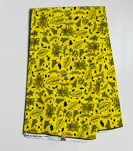 African Print Fabric, Ankara - Yellow, Black Fabric