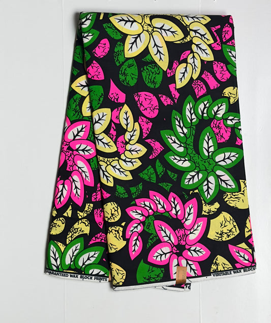 African Print Fabric, Ankara - Pink, Green, Beige Fabric
