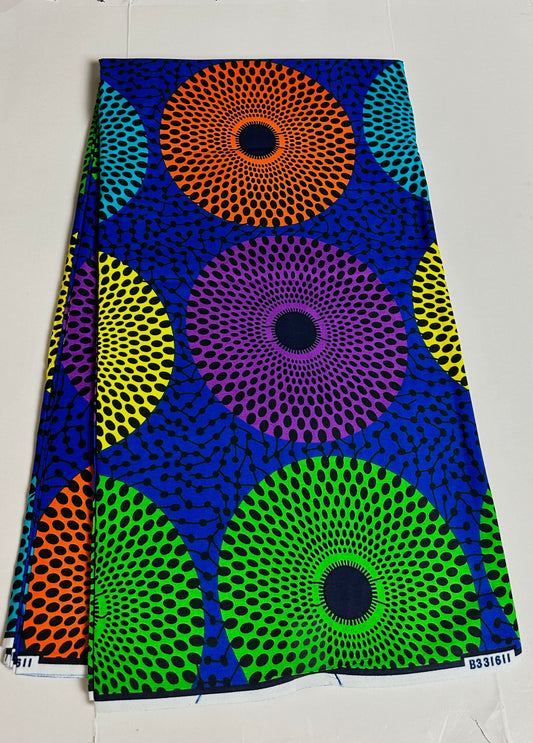 African Print Fabric, Ankara - Blue, Purple, Yellow, Green, Orange Fabric