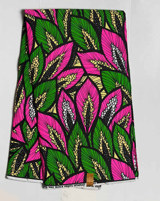 African Print Fabric, Ankara -Pink, Green Fabric