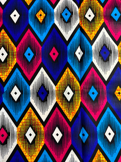 African Print Fabric, Ankara - Blue, Pink, Yellow Fabric