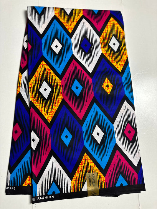 African Print Fabric, Ankara - Blue, Pink, Yellow Fabric