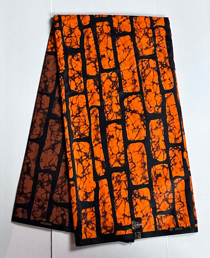 African Print Fabric, Ankara - Orange, Brown Fabric