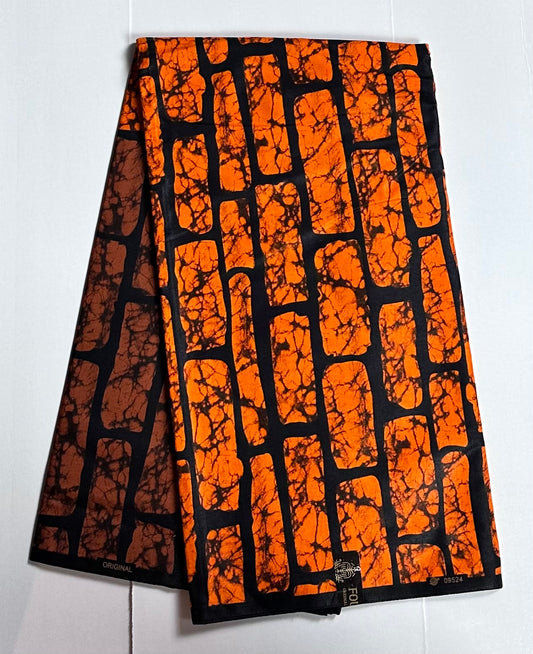 African Print Fabric, Ankara - Orange, Brown Fabric