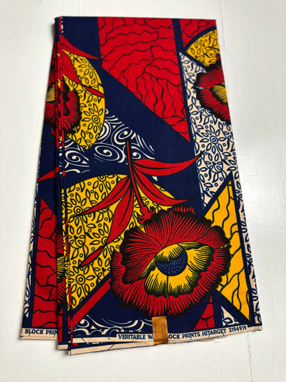 African Print Fabric, Ankara - Blue, Red, Yellow Fabric