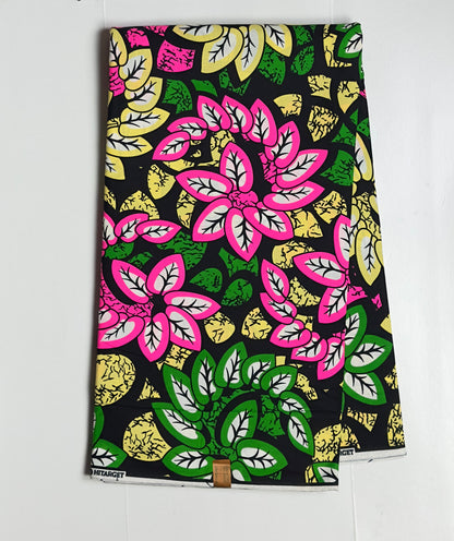 African Print Fabric, Ankara - Pink, Green, Beige Fabric