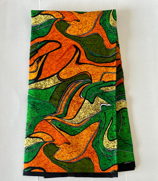 African Print Fabric, Ankara - Green, Orange Fabric