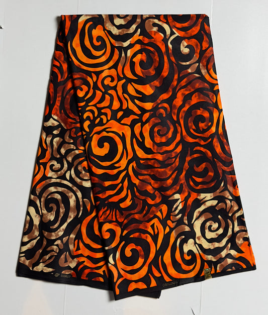 African Print Fabric, Ankara - Orange, Beige Fabric