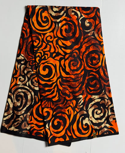 African Print Fabric, Ankara - Orange, Beige Fabric