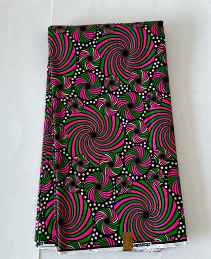 African Print Fabric, Ankara - Pink, Green Fabric