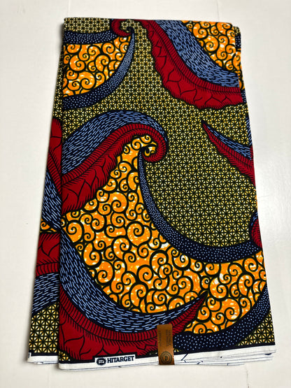 African Print Fabric, Ankara - Brown, Blue, Red, Orange Fabric