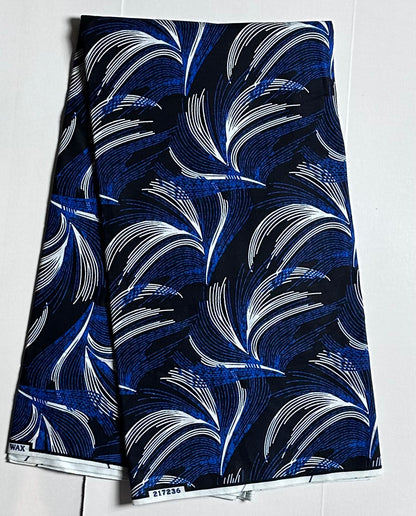 African Print Fabric, Ankara - Blue, Black, White Fabric