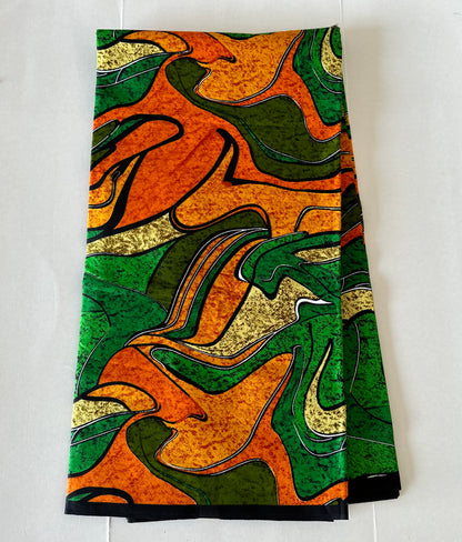 African Print Fabric, Ankara - Green, Orange Fabric