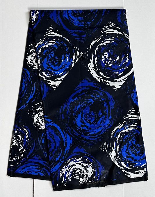 African Print Fabric, Ankara - Black, Blue, White Fabric