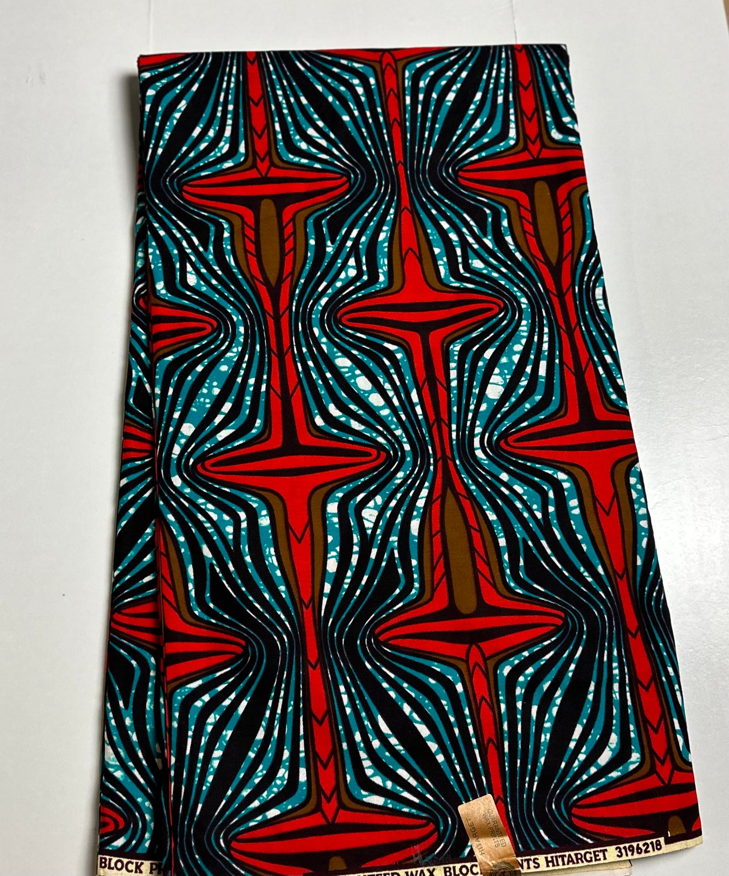 African Print Fabric, Ankara - Teal, Brown, Red Fabric