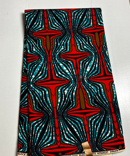 African Print Fabric, Ankara - Teal, Brown, Red Fabric