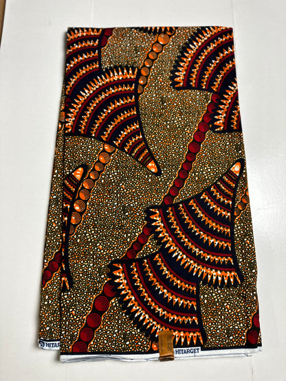African Print Fabric, Ankara - Brown, Blue, Red, Orange Fabric