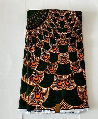 African Print Fabric, Ankara - Orange, Green Fabric