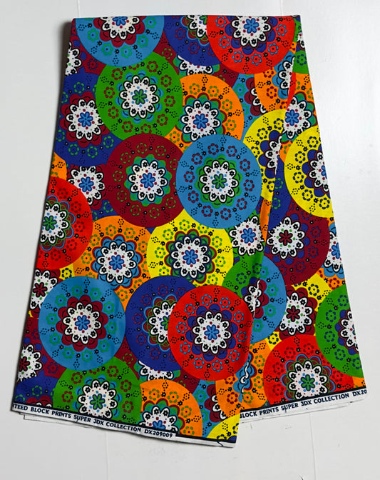 African Print Fabric, Ankara - Blue, Yellow, Red Fabric