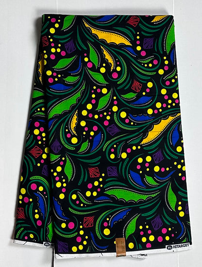 African Print Fabric, Ankara - Green, Blue, Yellow, White Fabric