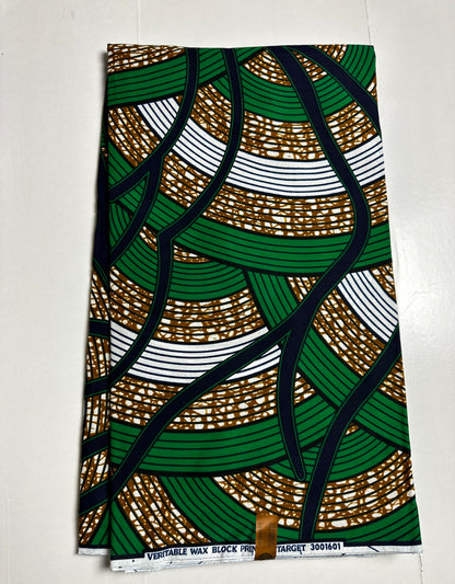 African Print Fabric, Ankara - Green, Brown, White Fabric