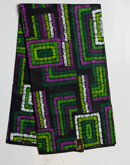 African Print Fabric, Ankara - Green, Purple, White Fabric