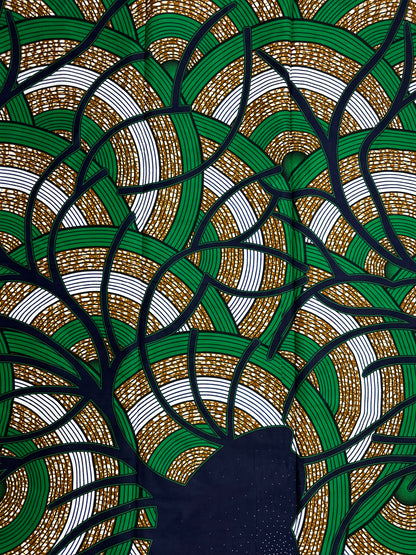 African Print Fabric, Ankara - Green, Brown, White Fabric
