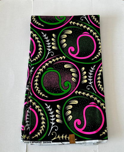 African Print Fabric, Ankara - Green, Pink Fabric