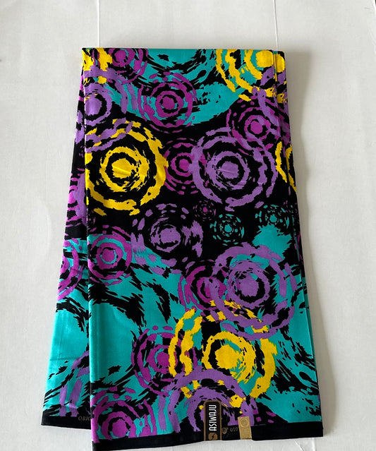 African Print Fabric, Ankara - Purple, Yellow, Aqua Fabric