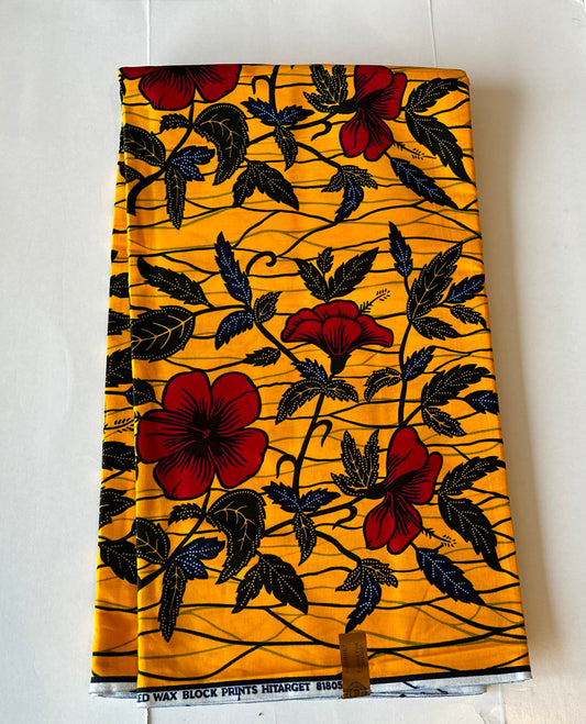 African Print Fabric, Ankara - Yellow, Red Fabric