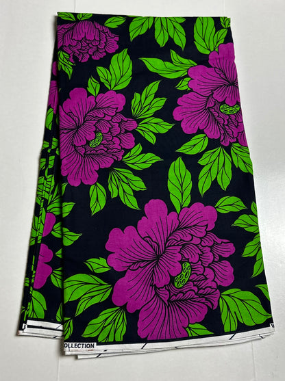 African Print Fabric, Ankara - Purple, Green Fabric