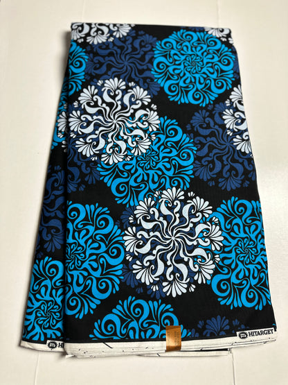 African Print Fabric, Ankara - Blue, White Fabric