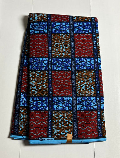 African Print Fabric, Ankara - Blue, Red, Brown Fabric