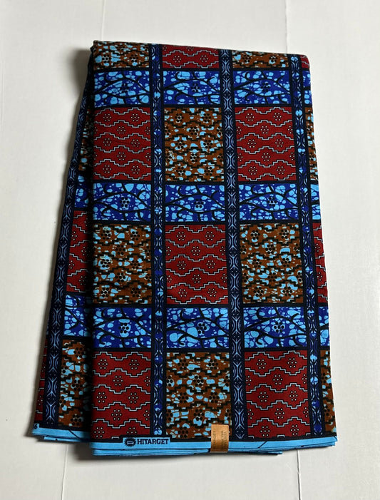 African Print Fabric, Ankara - Blue, Red, Brown Fabric