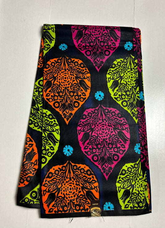 African Print Fabric, Ankara - Orange, Green, Pink Fabric