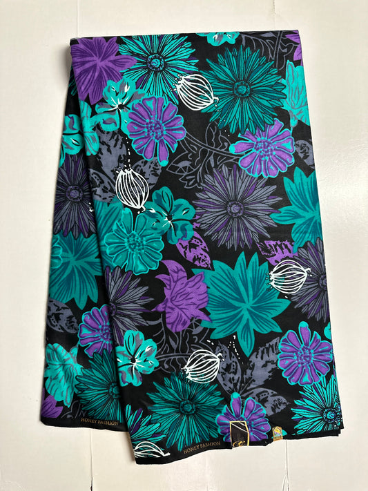 African Print Fabric, Ankara - Green, Purple, Grey Fabric