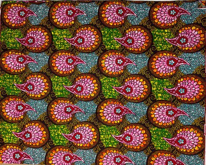 African Print Fabric, Ankara - Pink, Brown, Green Fabric