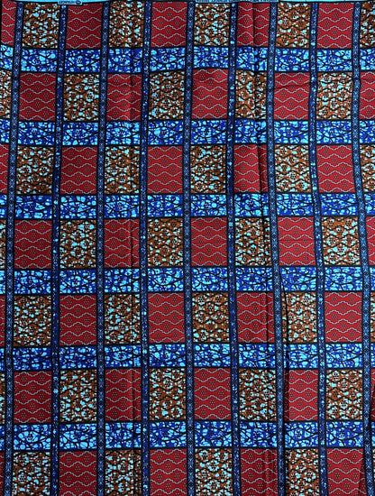 African Print Fabric, Ankara - Blue, Red, Brown Fabric
