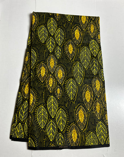 African Print Fabric, Ankara - Yellow, Olive Green Fabric