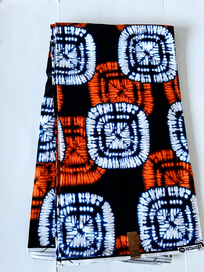 African Print Fabric, Ankara - Orange, White Fabric